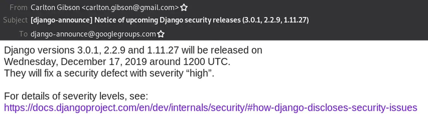 Email announcing the upcoming security release.